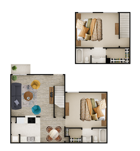 Floor plan for 2 beds, 2 baths, 1061 sqft